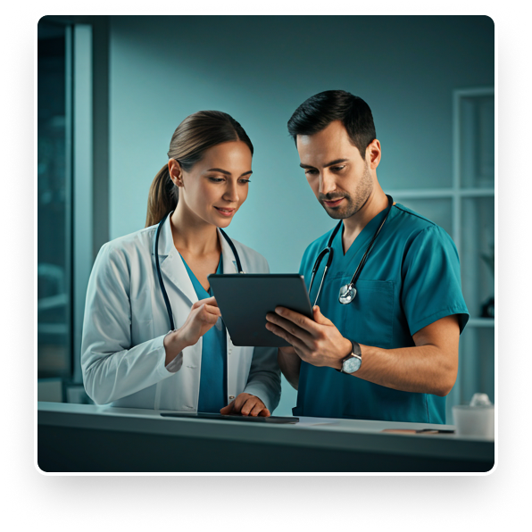 Healthcare professionals reviewing information on a tablet in a clinical setting