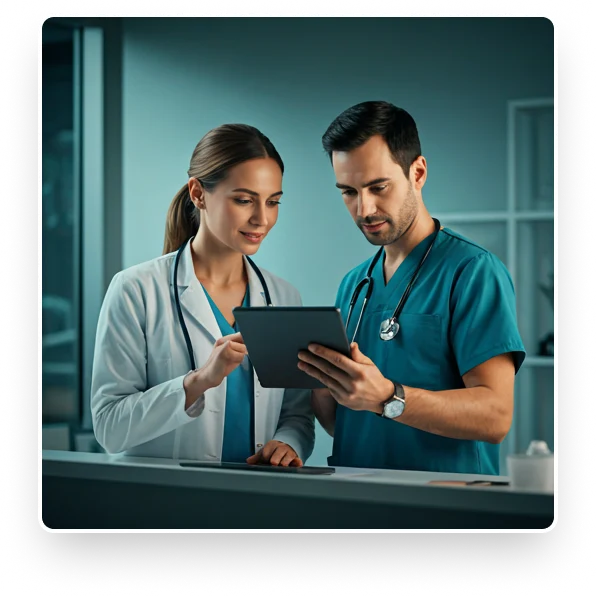 Healthcare professionals reviewing information on a tablet in a clinical setting