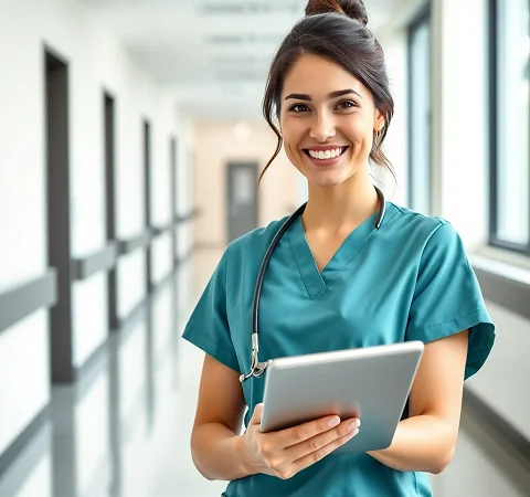 Smiling allied health professional holding a tablet