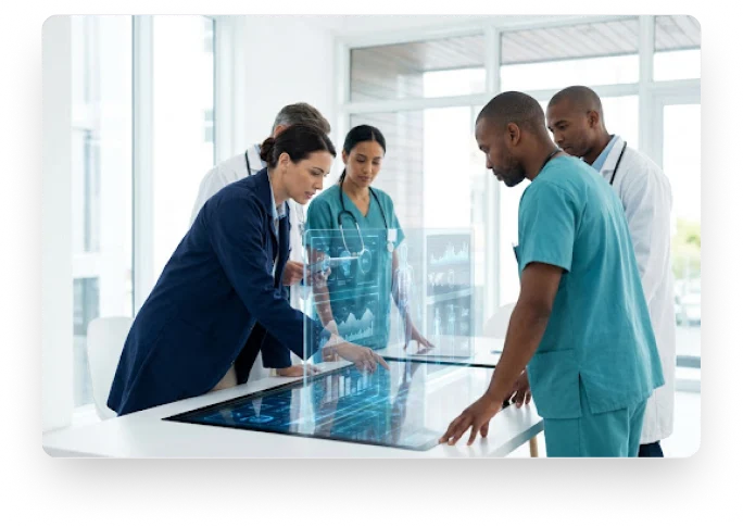 Healthcare professionals collaborating around a digital display in a modern clinical workspace