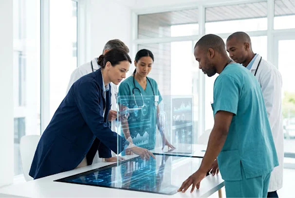 Healthcare professionals collaborating around a digital skills-based hiring display