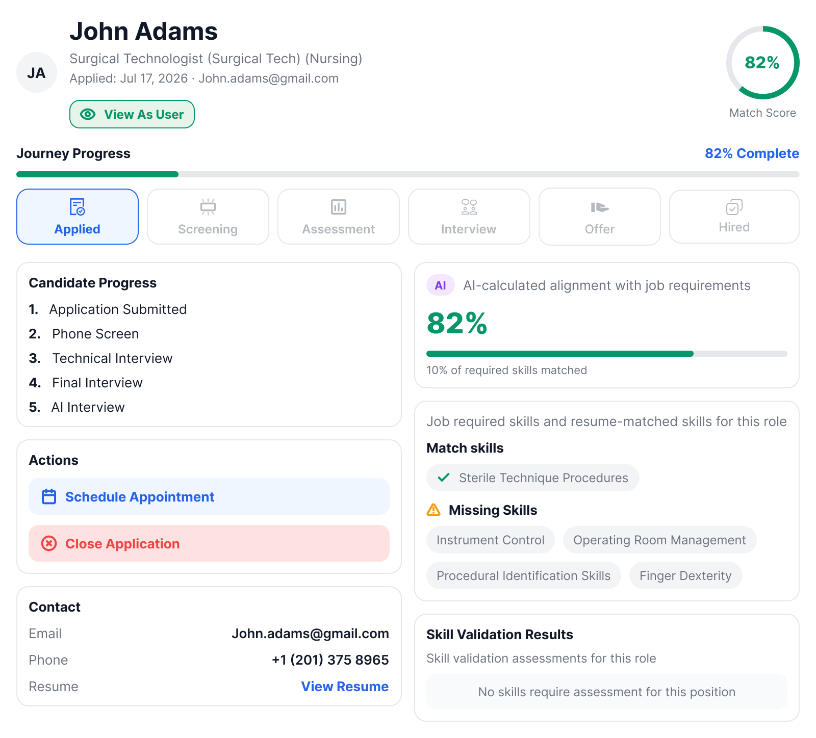 HiringIQ candidate journey dashboard view