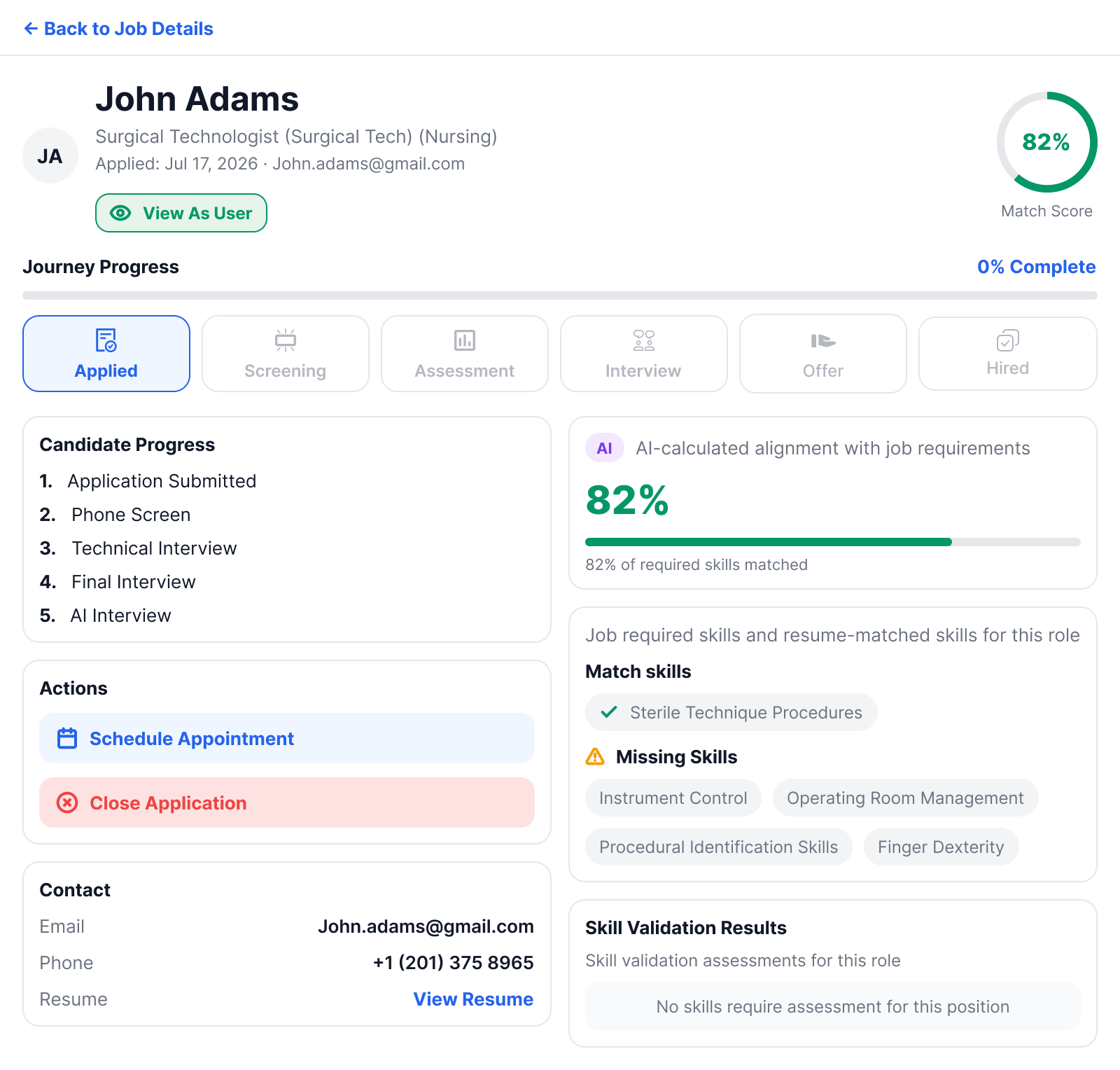 HiringIQ candidate journey dashboard view